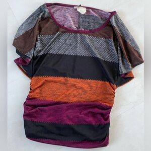 Belinda - Brown, Orange, & Purple Color Block Silky Scrunch Shirt w/ Batwings